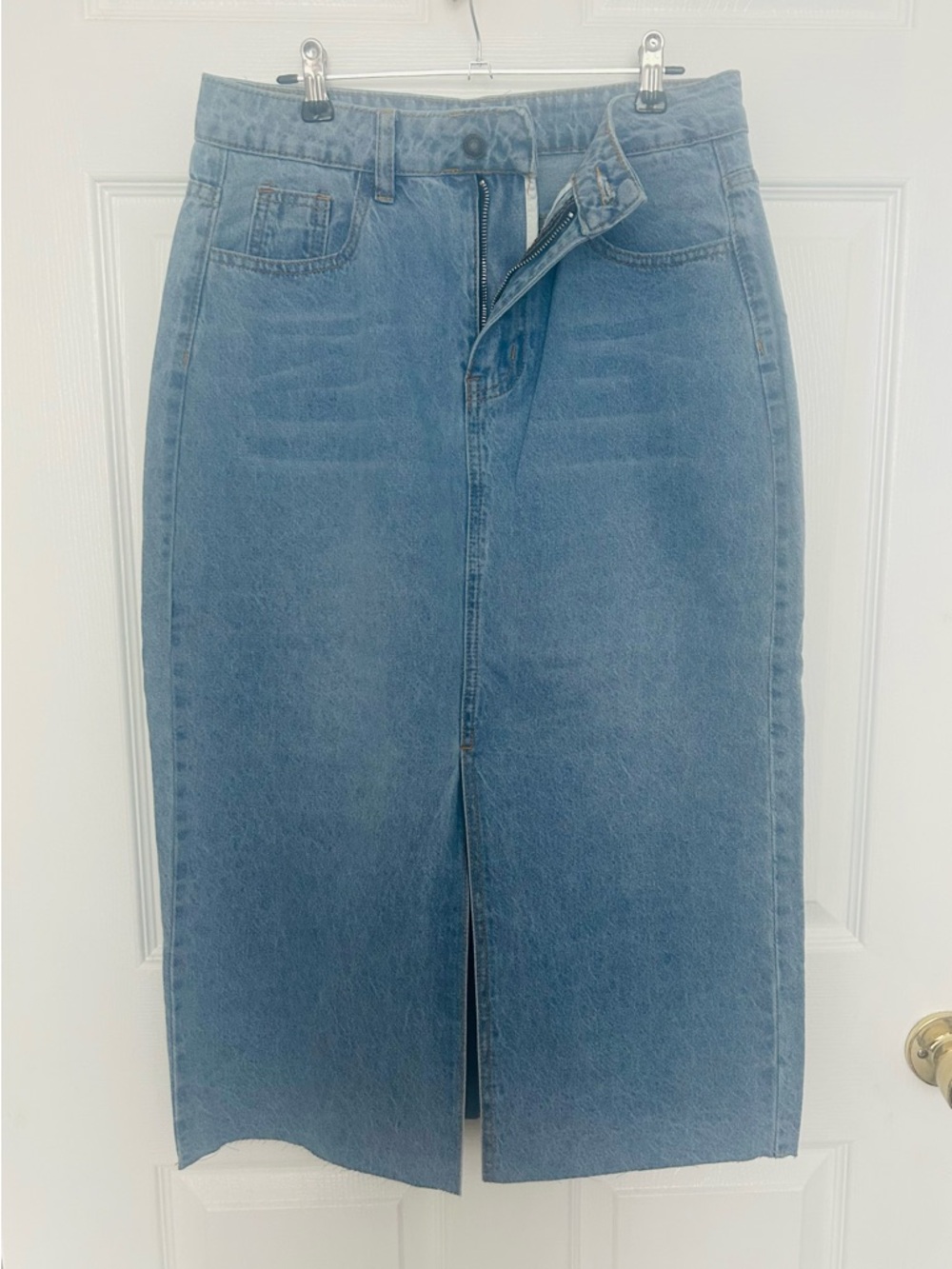 Light Blue High-Rise Denim Midi Skirt with Front Slit - Women Jeans - Picture 4 of 5